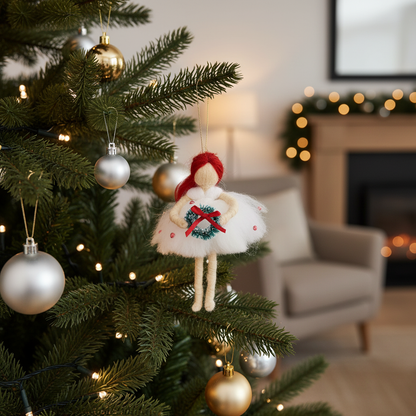 Winter Wreath Fairy – Handcrafted Christmas Ornament with Red Hair and Green Wreath