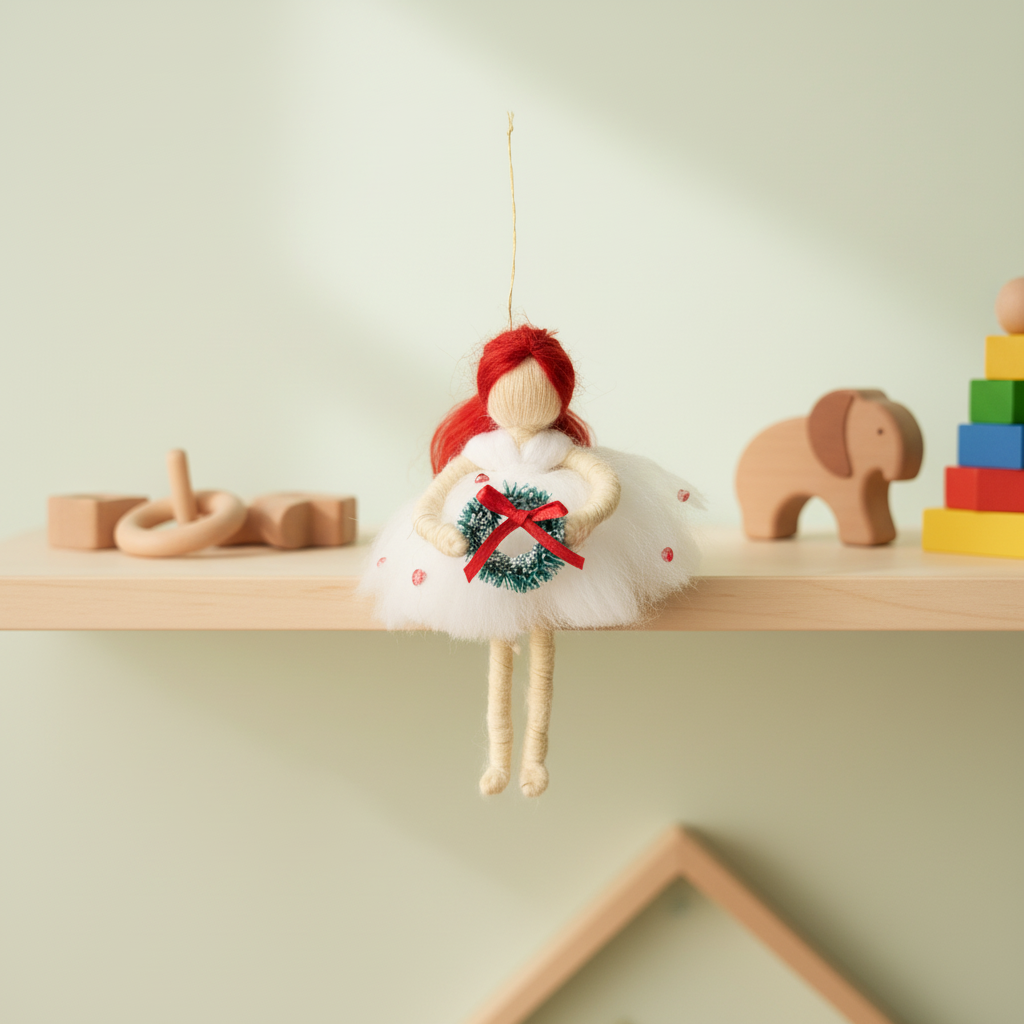Winter Wreath Fairy – Handcrafted Christmas Ornament with Red Hair and Green Wreath