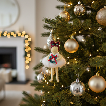 Holly Wreath Fairy – Handcrafted Christmas Ornament with Red Hair and Green Wreath