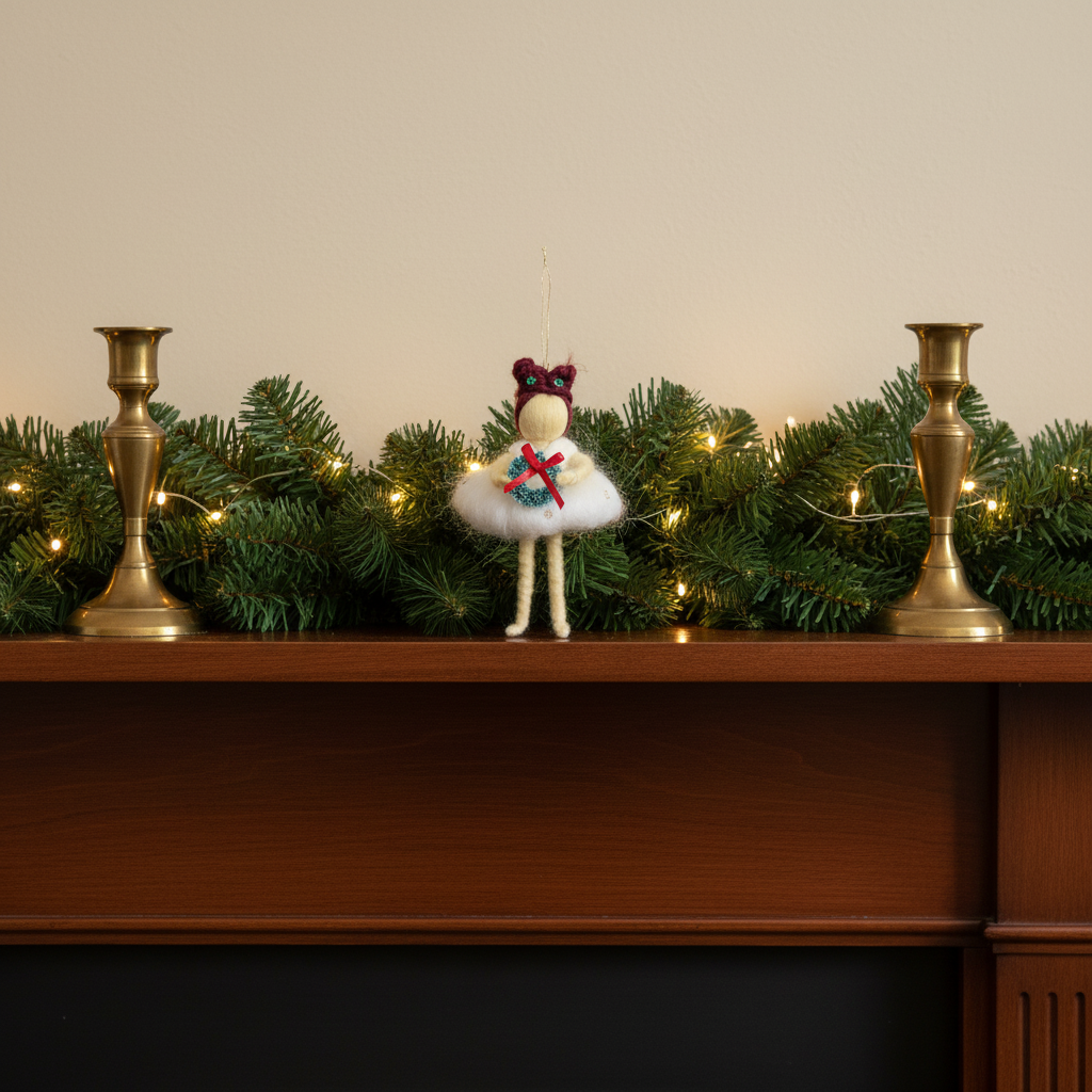 Holly Wreath Fairy – Handcrafted Christmas Ornament with Red Hair and Green Wreath