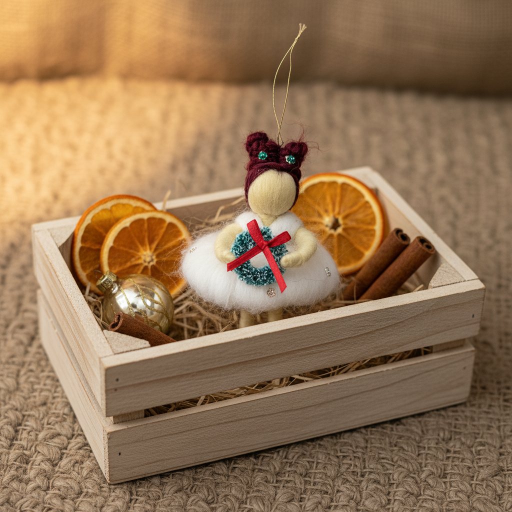 Holly Wreath Fairy – Handcrafted Christmas Ornament with Red Hair and Green Wreath