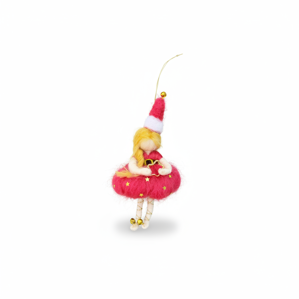 Christmas Heart Fairy – Handcrafted Ornament with Red Dress and Santa Hat