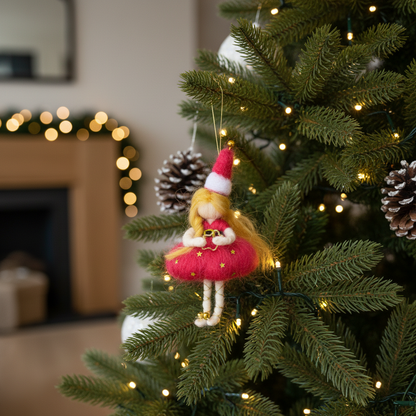 Christmas Heart Fairy – Handcrafted Ornament with Red Dress and Santa Hat