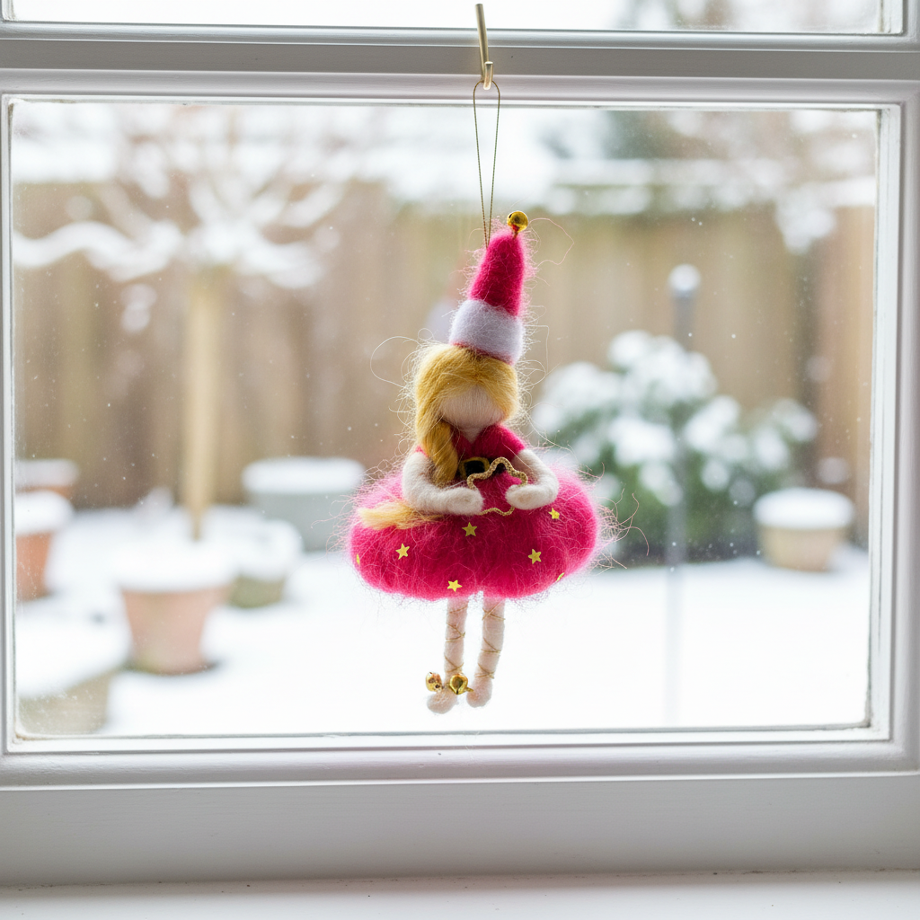 Christmas Heart Fairy – Handcrafted Ornament with Red Dress and Santa Hat