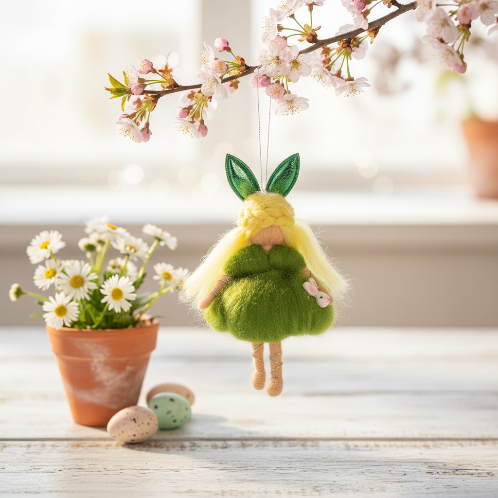 Handmade Needle Felted Woodland Fairy with Bunny - Whimsical Forest Sprite Hanging Ornament