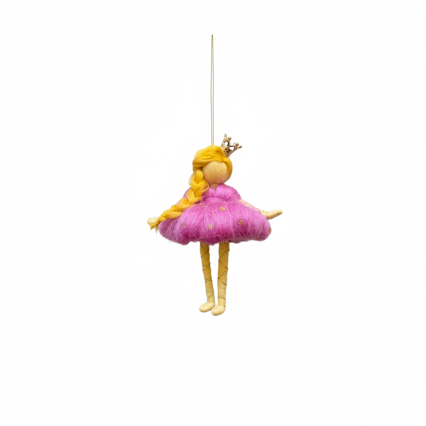 Whimsical Needle Felt Princess Doll Ornament with Crown and Pink Dress