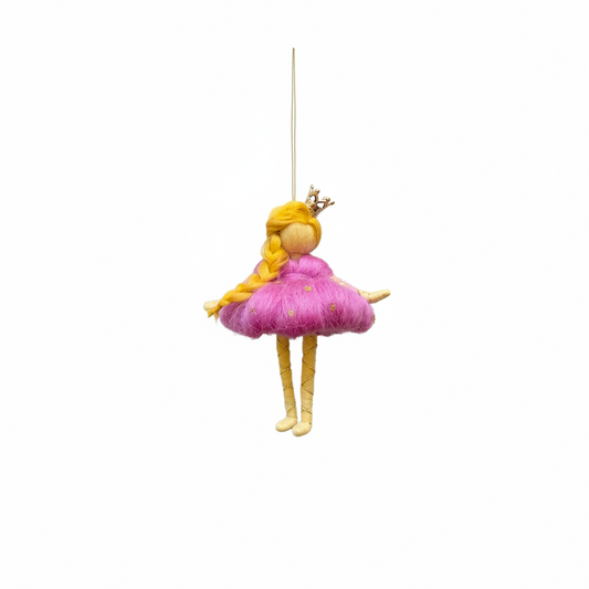 Whimsical Needle Felt Princess Doll Ornament with Crown and Pink Dress