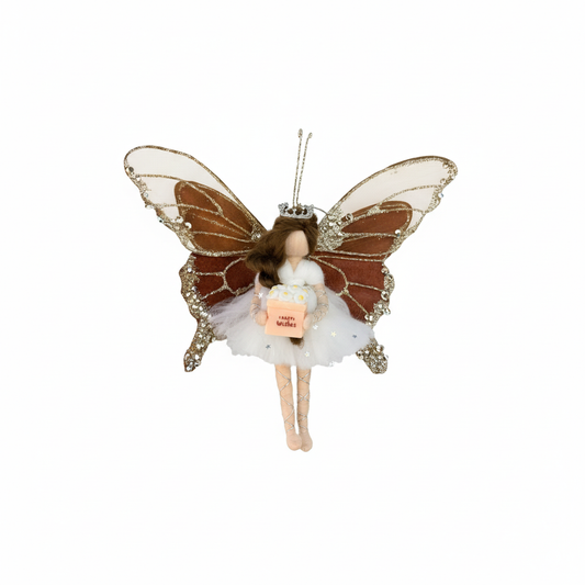 Handmade Fairy Doll Ornament with Brown Butterfly Wings and Best Wishes Gift Box