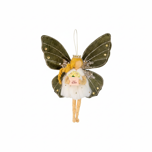 Handmade Forest Fairy Ornament with Green Velvet Wings and Best Wishes Gift