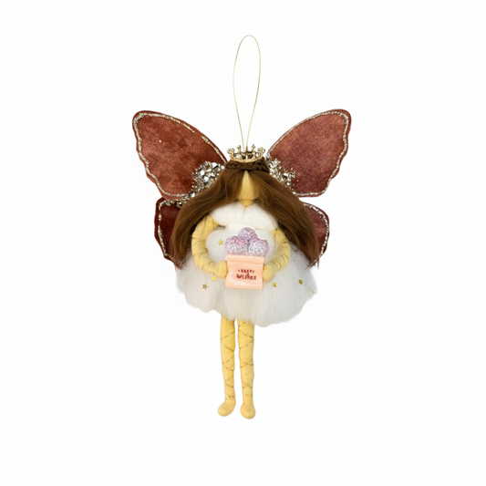 Handmade Best Wishes Fairy Ornament - Brown Velvet Winged Whimsical Fairy Doll Gift