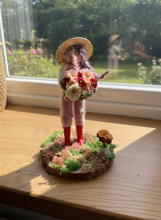 Handmade Felt Gardener Figurine with Floral Basket | Whimsical British Artisan Decor