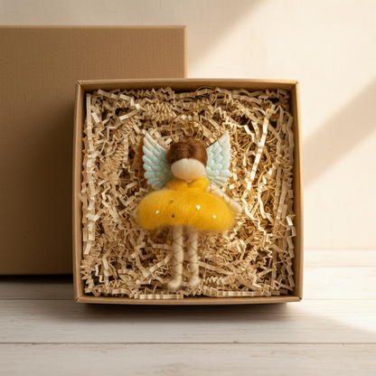 Whimsical Felt Angel Ornament with Glitter Wings & Yellow Dress