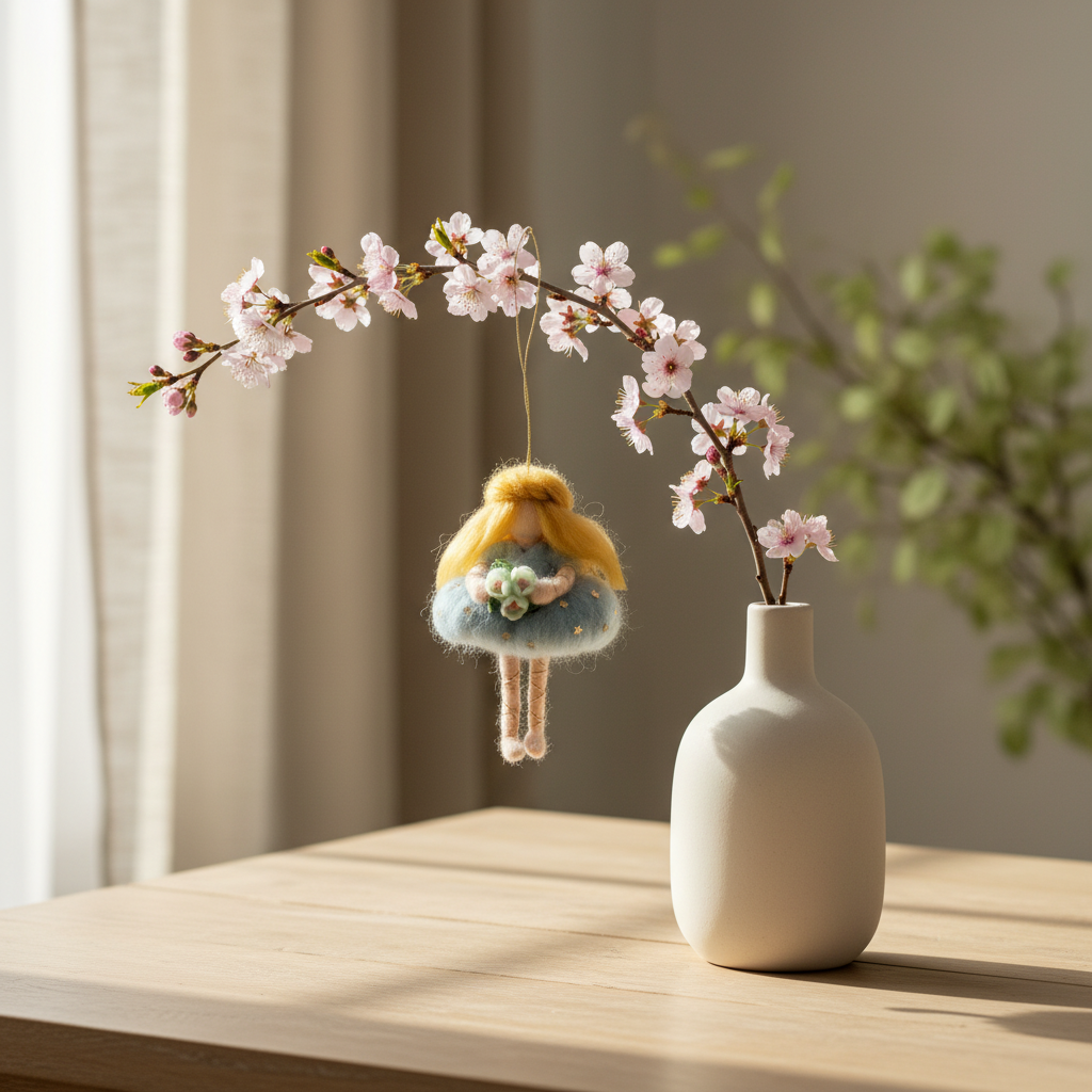 Handmade Needle Felted Blue Flower Fairy Ornament - Whimsical Gold Star Wool Hanging Decoration