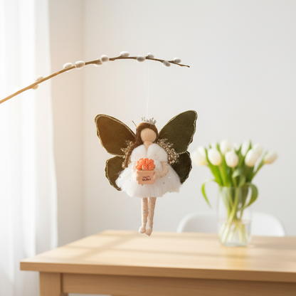 Handmade Best Wishes Fairy Ornament with Green Velvet Wings and Roses