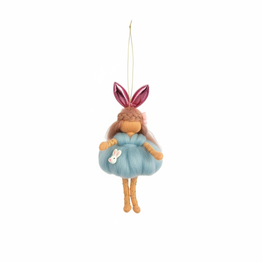 Handmade Felted Fairy Doll with Bunny Ears, Whimsical Easter Ornament Nursery Decor