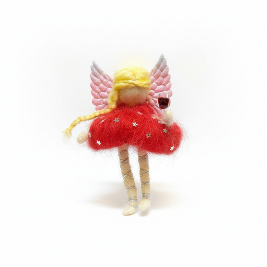 Handmade Felt Angel Fairy Fridge Magnet - Red Dress with Glitter Wings