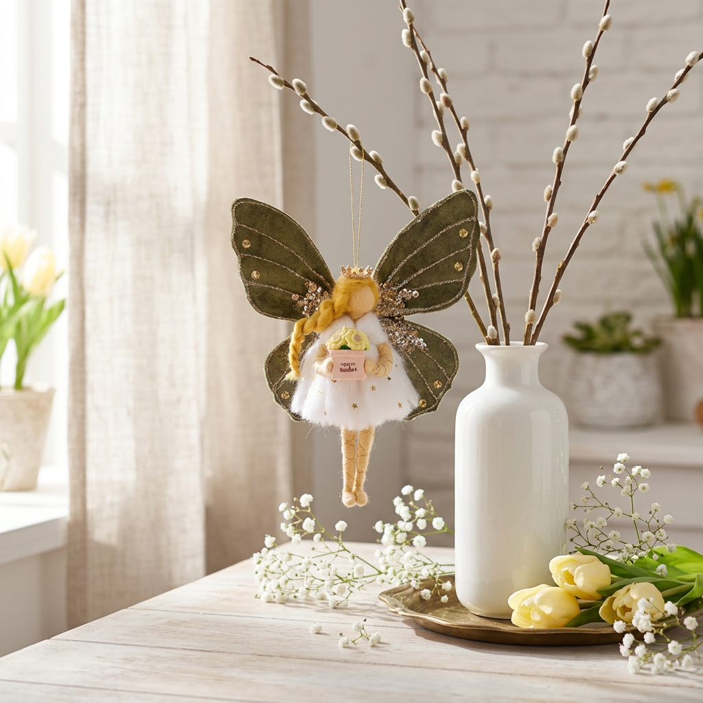 Handmade Forest Fairy Ornament with Green Velvet Wings and Best Wishes Gift