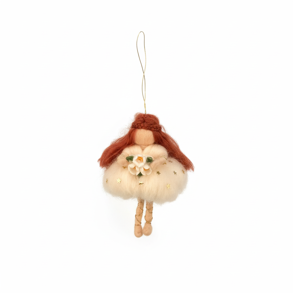 Needle Felted Christmas Fairy Ornament - Red Hair Fairy with Stars - Handmade Hanging Angel Gift