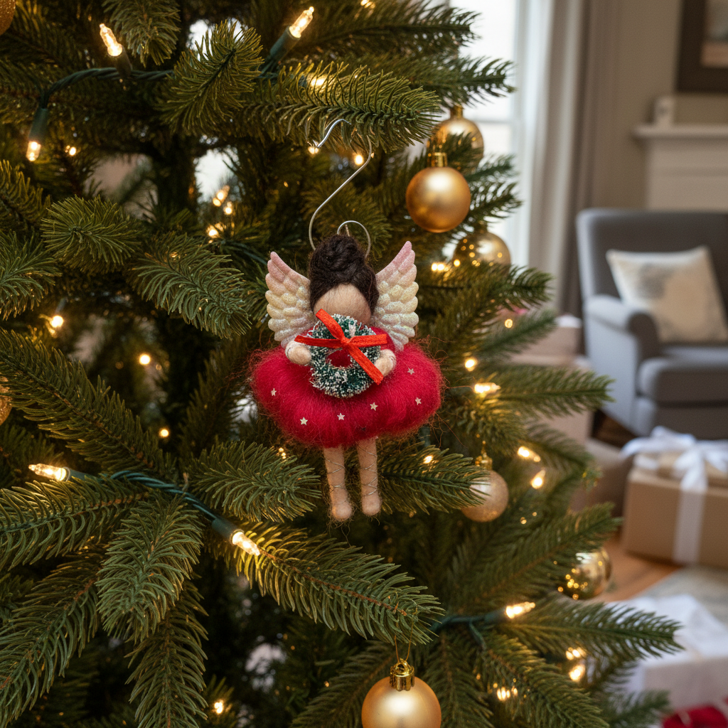 Handmade Christmas Angel Tree Decoration with Wreath - Festive Felt Fairy Ornament