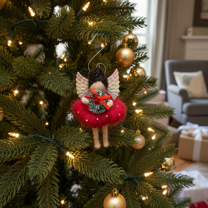 Handmade Christmas Angel Tree Decoration with Wreath - Festive Felt Fairy Ornament