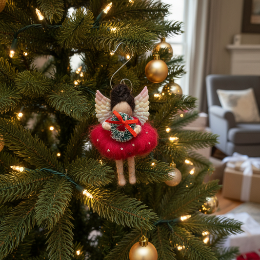 Handmade Christmas Angel Tree Decoration with Wreath - Festive Felt Fairy Ornament
