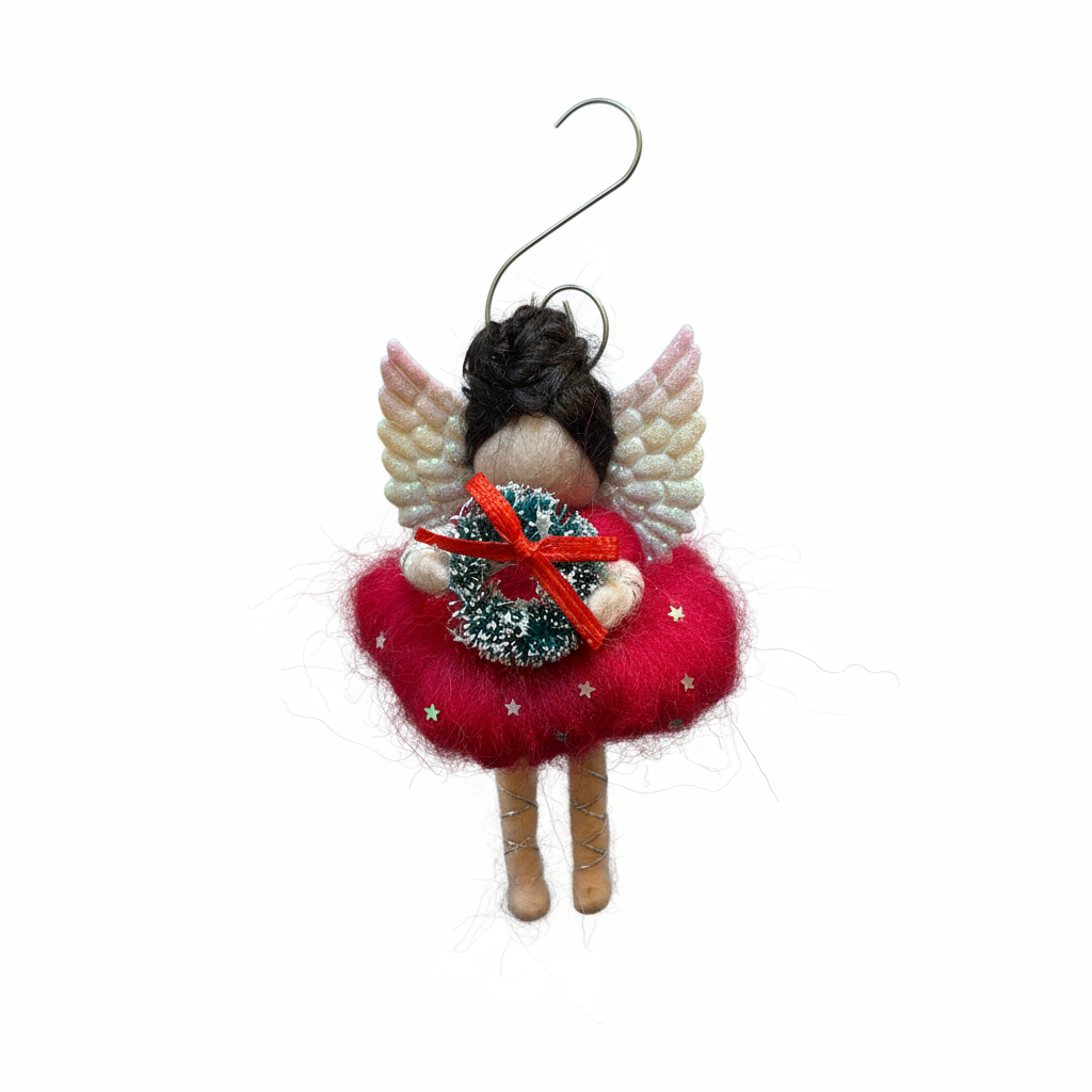 Handmade Christmas Angel Tree Decoration with Wreath - Festive Felt Fairy Ornament