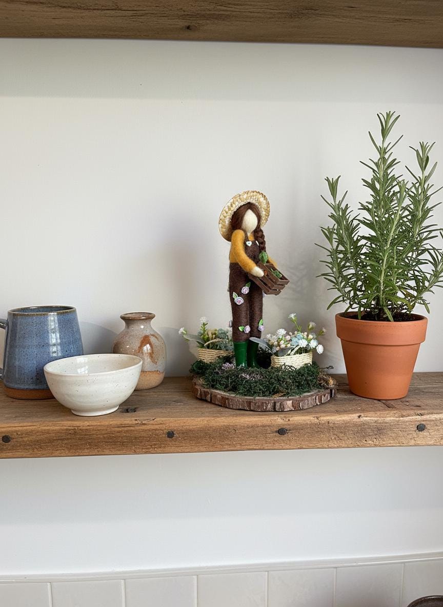 Charming Handmade Felted Gardener Figure with Veg & Flowers - British Artisan Home Decor Gift