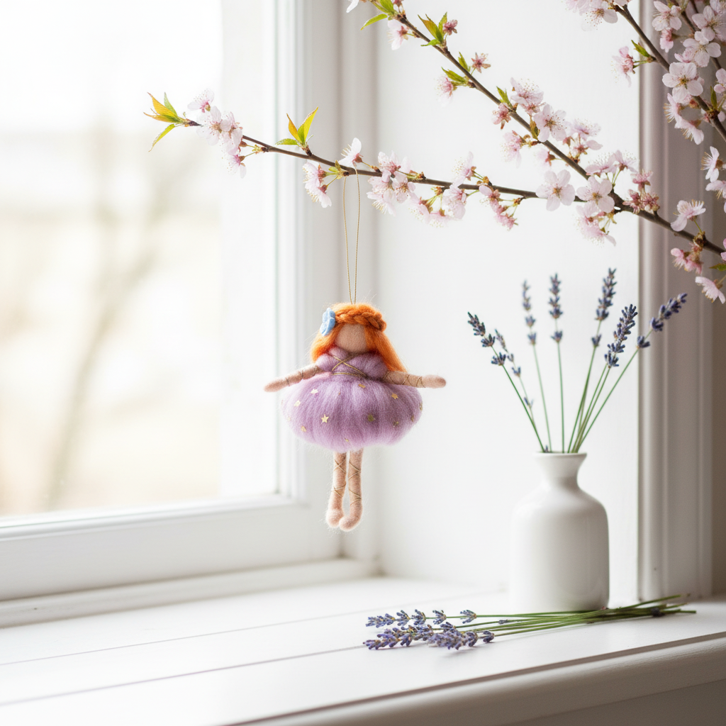 Handmade Needle Felted Fairy Ornament with Red Hair and Purple Star Dress