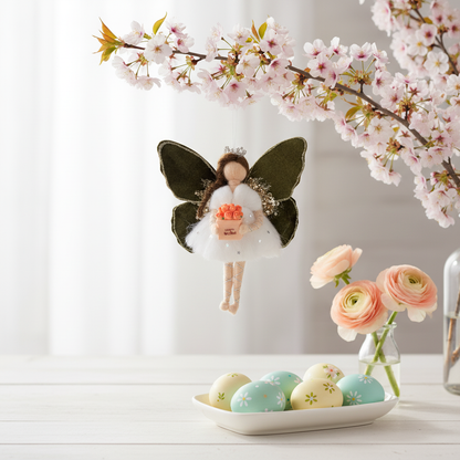 Handmade Best Wishes Fairy Ornament with Green Velvet Wings and Roses