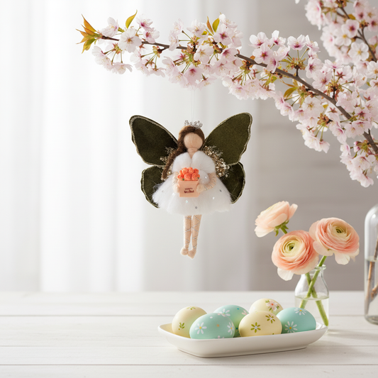 Handmade Best Wishes Fairy Ornament with Green Velvet Wings and Roses