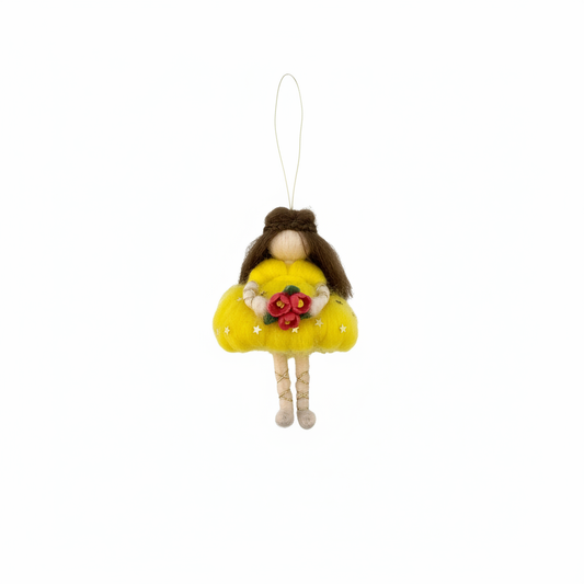 Handmade Needle Felted Fairy Ornament - Yellow Star Dress with Red Rose Bouquet