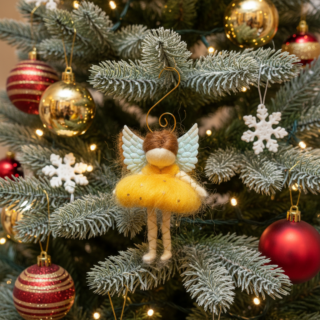 Whimsical Felt Angel Ornament with Glitter Wings & Yellow Dress