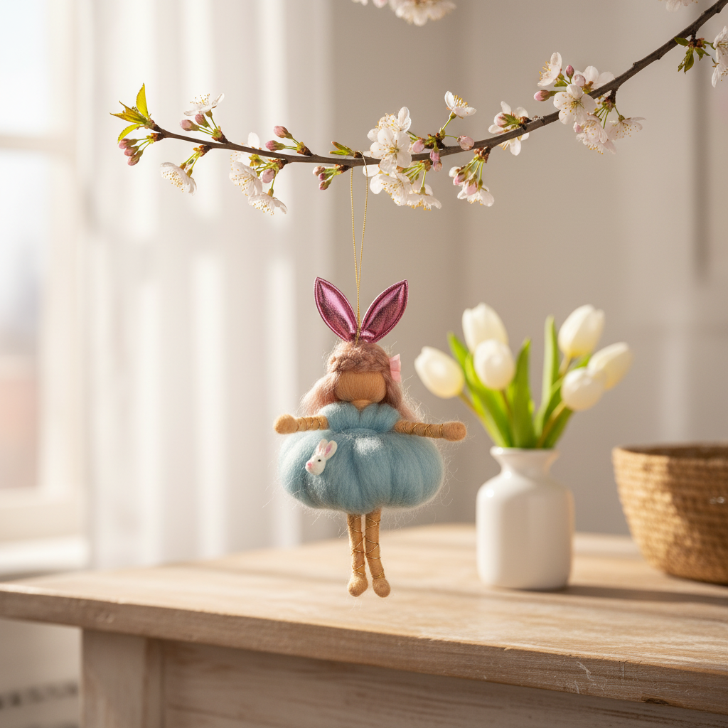 Handmade Felted Fairy Doll with Bunny Ears, Whimsical Easter Ornament Nursery Decor