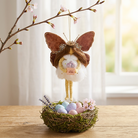 Handmade Best Wishes Fairy Ornament - Brown Velvet Winged Whimsical Fairy Doll Gift