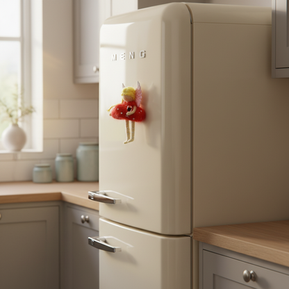 Handmade Felt Angel Fairy Fridge Magnet - Red Dress with Glitter Wings