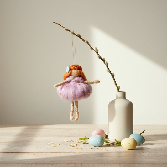 Handmade Needle Felted Fairy Ornament with Red Hair and Purple Star Dress