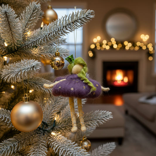 Whimsical Felt Fairy Princess Doll Ornament - Handmade Green Crown & Purple Dress Decoration