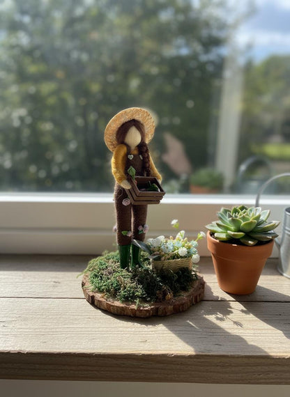 Charming Handmade Felted Gardener Figure with Veg & Flowers - British Artisan Home Decor Gift