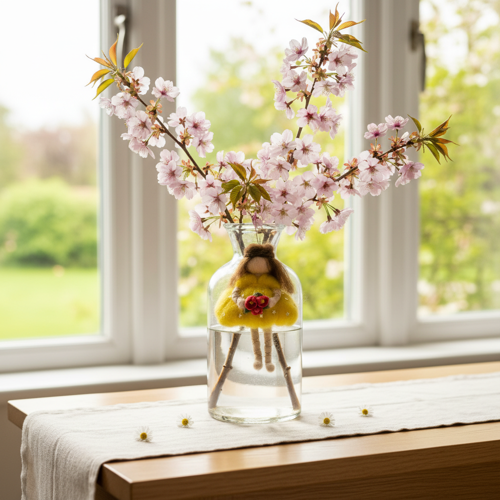 Handmade Needle Felted Fairy Ornament - Yellow Star Dress with Red Rose Bouquet