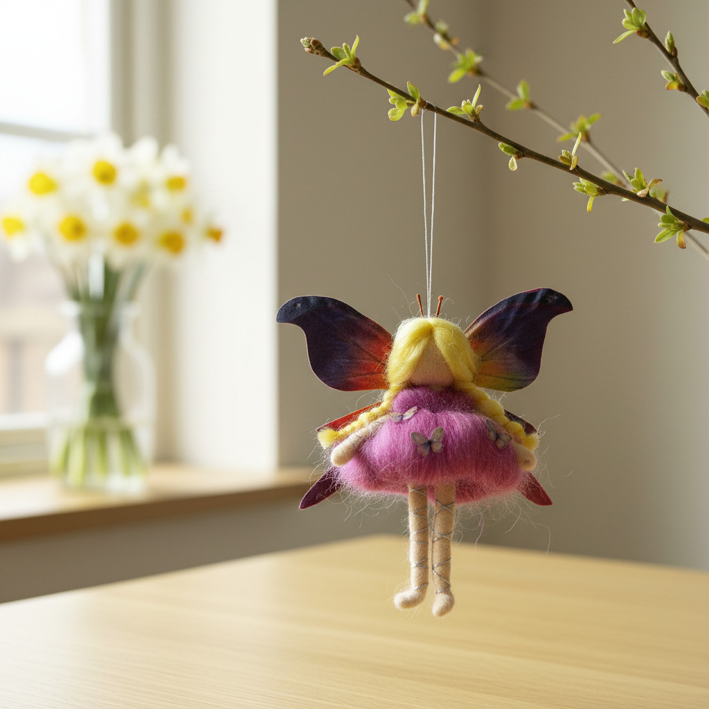 Handmade Needle Felted Fairy Ornament - Purple Butterfly Forest Spirit - Whimsical Home Decor Gift
