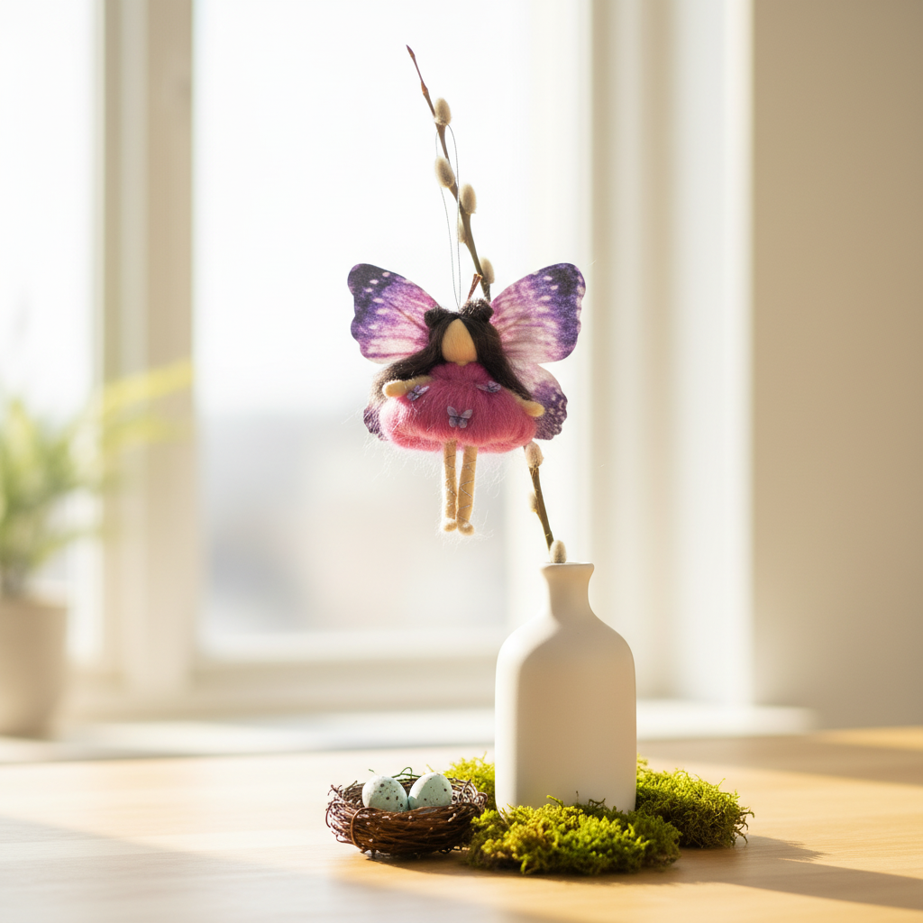 Handmade Purple Butterfly Fairy Ornament - Whimsical Felted Sprite Hanging Decoration