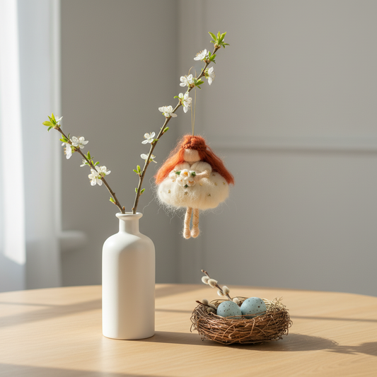 Needle Felted Christmas Fairy Ornament - Red Hair Fairy with Stars - Handmade Hanging Angel Gift