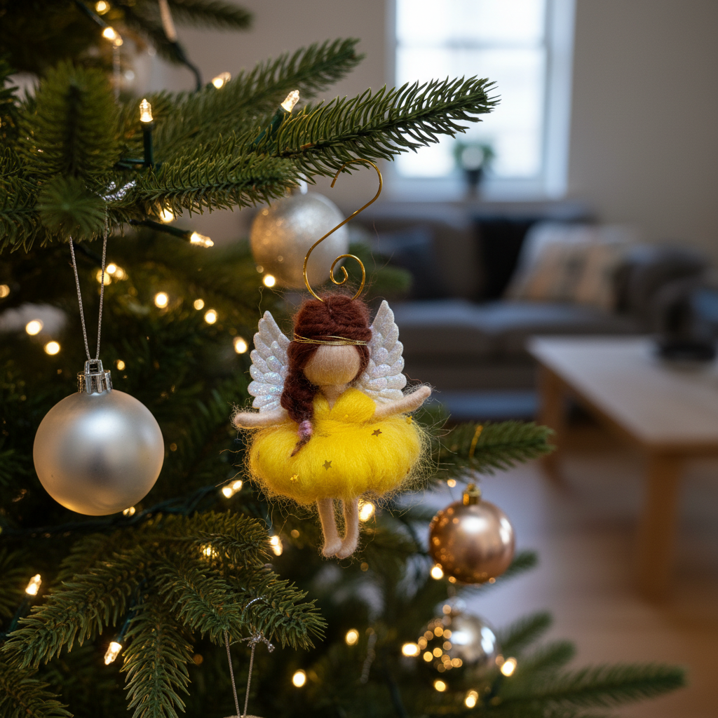 Handmade Felt Angel Ornament with Sparkle Wings and Star Dress