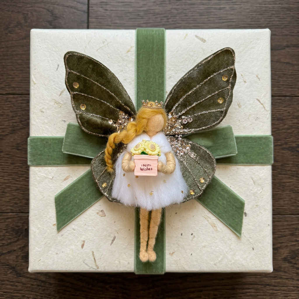 Handmade Forest Fairy Ornament with Green Velvet Wings and Best Wishes Gift