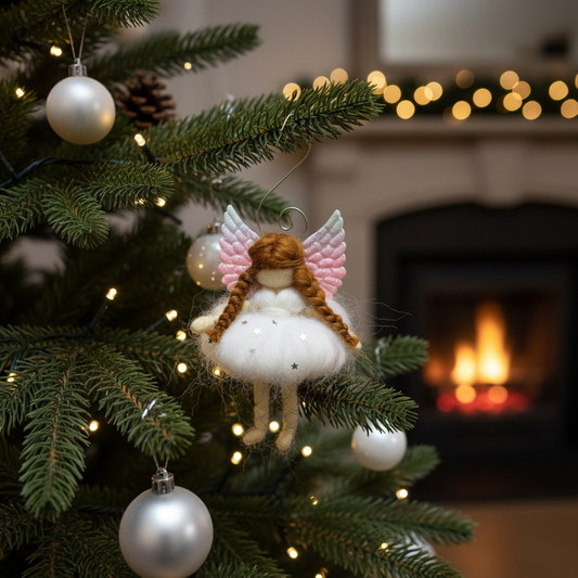 Whimsical Handmade Felt Fairy Angel Christmas Ornament with Glitter Wings