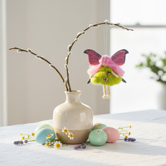 Handmade Needle Felted Fairy Ornament with Pink Hair and Butterfly Dress