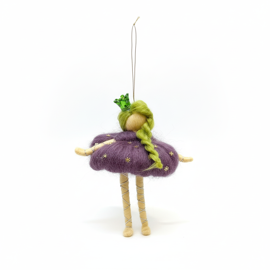 Whimsical Felt Fairy Princess Doll Ornament - Handmade Green Crown & Purple Dress Decoration