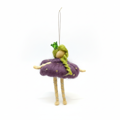 Whimsical Felt Fairy Princess Doll Ornament - Handmade Green Crown & Purple Dress Decoration