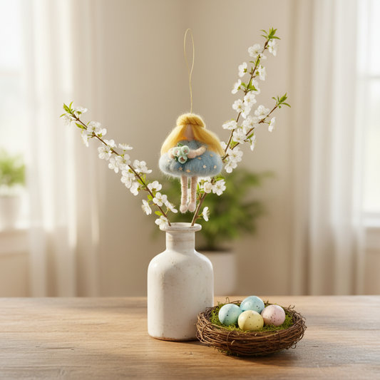 Handmade Needle Felted Blue Flower Fairy Ornament - Whimsical Gold Star Wool Hanging Decoration