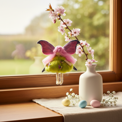 Handmade Needle Felted Fairy Ornament with Pink Hair and Butterfly Dress